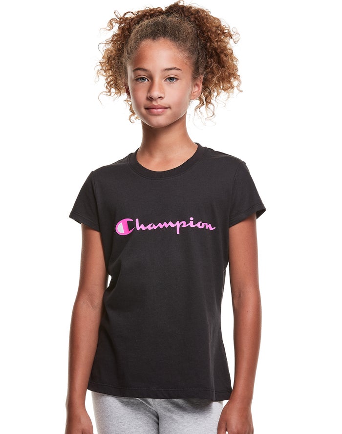 Champion Girls T-Shirt NZ - Classic Script Logo Black ( 0259-MOQYJ )